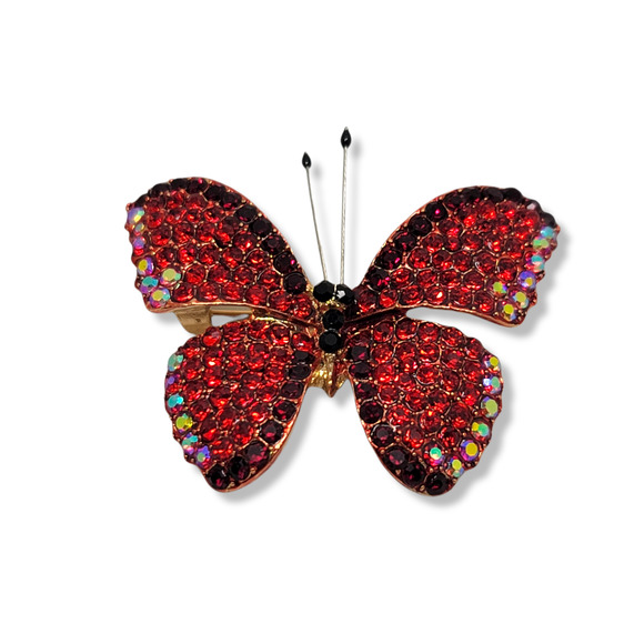 Goldtone Round Red Czech Crystal with Red Enamel Butterfly Brooch Pendant - Picture 1 of 5